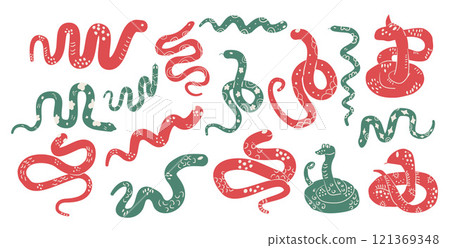 Green snake Chinese New Years symbol set. Cny zodiac snake lunar 2025 collection isolated on white background. Vector hand drawn flat illustration 121369348