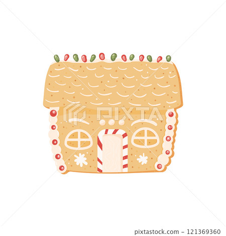 Vector gingerbread house with sweet decor isolated on white background. Christmas cookie. Festive sweet food. Hand drawn illustration Vector gingerbread house with sweet decor isolated on white background. Christmas cookie. Festive sweet food. Hand drawn illustration 121369360
