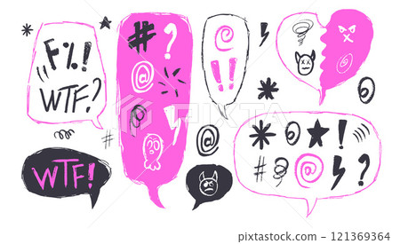 Speech bubbles with swear words. Curse crayon doodle text. Bad bulling expression on chat dialog boxes. Aggressive swearwords isolated on white background. Haters signs. Vector hand drawn illustration Speech bubbles with swear words. Curse crayon doodle text. Bad bulling expression on chat dialog boxes. Aggressive swearwords isolated on white background. Haters signs. Vector hand drawn illustration 121369364