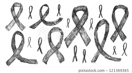 Crayon awareness ribbon set. Symbol of solidarity campaign doodle isolated on white background. elements. Vector drawn by pencil illustration Crayon awareness ribbon set. Symbol of solidarity campaign doodle isolated on white background. elements. Vector drawn by pencil illustration 121369365