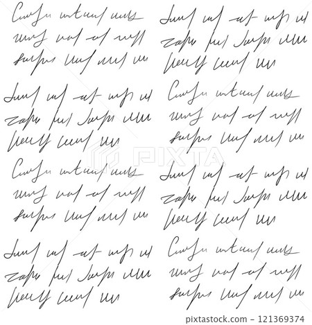 Scribble handwritten script text seamless pattern. Unreadable letter endless background. Illegible note repeat cover. Diary poetry continuous ornament. Vector hand drawn illustration. Scribble handwritten script text seamless pattern. Unreadable letter endless background. Illegible note repeat cover. Diary poetry continuous ornament. Vector hand drawn illustration. 121369374
