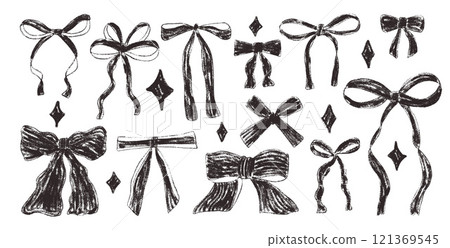 Crayon bow, ribbon set with sparkles. Chalk drawing y2k bands. Black coquette aesthetic bowknots. Vector illustration isolated on white background. 121369545