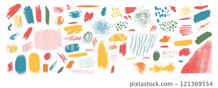 Collage grunge elements textured set. Dirty torn design shapes by chalk or pencil isolated on white background. Grunge style painted decorative abstract shapes. Vector hand drawn illustration 121369554