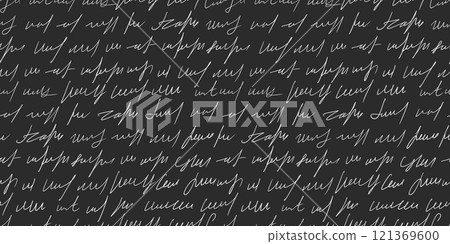 Scribble handwritten script text seamless pattern. Unreadable letter endless background. Illegible note repeat cover. Vector hand drawn illustration on dark background . Scribble handwritten script text seamless pattern. Unreadable letter endless background. Illegible note repeat cover. Vector hand drawn illustration on dark background . 121369600