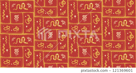Chinese New Year snakes seamless pattern. Zodiac bento grid endless background. Cny celebration modular mosaic repeat cover. Vector hand drawn flat illustration. Chinese New Year snakes seamless pattern. Zodiac bento grid endless background. Cny celebration modular mosaic repeat cover. Vector hand drawn flat illustration. 121369601