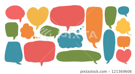Speech bubbles set. Doodle colorful elements. Chat dialog boxes. Comic talk clouds isolated on white background. Childish style quotation balloon Vector hand drawn illustration Speech bubbles set. Doodle colorful elements. Chat dialog boxes. Comic talk clouds isolated on white background. Childish style quotation balloon Vector hand drawn illustration 121369606
