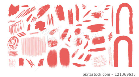 Collage grunge elements textured set. Dirty torn design red shapes by chalk or pencil isolated on white background. Grunge style painted decorative abstract shapes. Vector hand drawn illustration 121369633