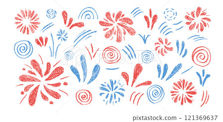 Firework set. Festive firecracker isolated on white background. Red and blue childish doodle collection. Splash and circle flash. Vector hand drawn illustration 121369637