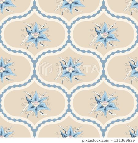 Indian chintz ogee seamless pattern. Modern flower damask endless background. Floral repeat farmhouse continuous ornament. Surface pattern digital textile. Vector classic design wildflower motif. 121369659