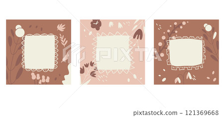 Brown and pink nude collage background with frame for text set. Mocha mousse palette Abstract textured template. Monochrome backdrop. Scrapbook nude colors cover with copy space. Vector illustration 121369668