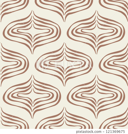 Beige and brown monochrome ogee seamless pattern. Damask geometric print mocha mouse endless background. Abstract chocolate repeat cover. Minimal modern nude continuous ornament. Vector illustration. 121369675