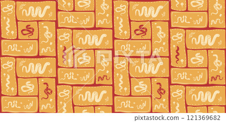 Chinese New Year seamless pattern. Zodiac green snakes bento grid endless background. Cny celebration modular mosaic repeat cover. Vector hand drawn flat illustration. 121369682