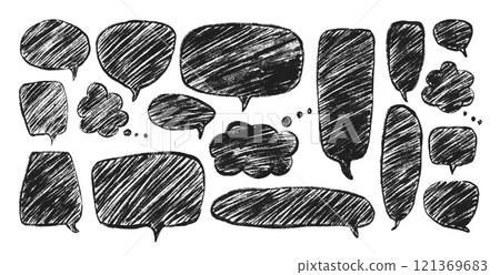 Speech bubbles set. Crayon doodle shapes. Chat dialog boxes. Comic talk clouds by chalk or pencil isolated on white background. Childish style quotation balloon Vector hand drawn illustration 121369683