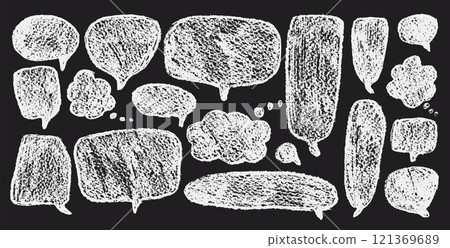 Speech bubbles set. Crayon doodle text frames. Chat dialog boxes. Comic talk textboxes by chalk or pencil isolated on dark background. Childish style quotation balloon. Vector hand drawn illustration Speech bubbles set. Crayon doodle text frames. Chat dialog boxes. Comic talk textboxes by chalk or pencil isolated on dark background. Childish style quotation balloon. Vector hand drawn illustration 121369689