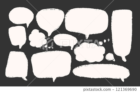 Speech bubbles set. Crayon doodle text. Chat dialog boxes. Comic talk textboxes by chalk or pencil isolated on dark background. Childish style quotation balloon. Vector hand drawn illustration Speech bubbles set. Crayon doodle text. Chat dialog boxes. Comic talk textboxes by chalk or pencil isolated on dark background. Childish style quotation balloon. Vector hand drawn illustration 121369690