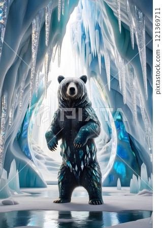 A crystal-covered bear standing in a shimmering ice cave, surrounded by glowing stalactites, high detail A crystal-covered bear standing in a shimmering ice cave, surrounded by glowing stalactites, high detail 121369711