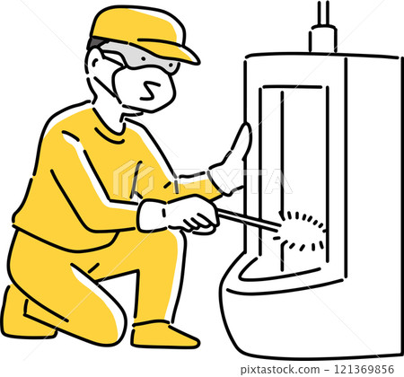 A man cleaning a toilet in a men's restroom 121369856