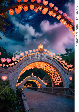 A romantic bridge decorated with heart-shaped lanterns, glowing under a starry night sky 121369978
