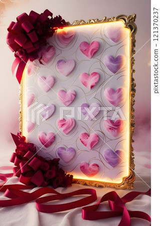 A magical Valentine Day card with intricate heart patterns, glowing edges, and red ribbon accents A magical Valentine Day card with intricate heart patterns, glowing edges, and red ribbon accents 121370237