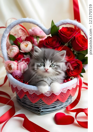 A kitten sitting in a heart shaped basket surrounded by red ribbons, roses, and soft Valentine Day decor 121370559
