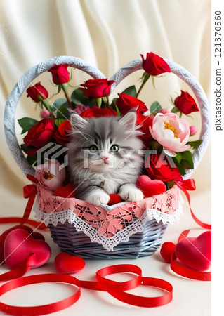 A kitten sitting in a heart shaped basket surrounded by red ribbons, roses, and soft Valentine Day decor A kitten sitting in a heart shaped basket surrounded by red ribbons, roses, and soft Valentine Day decor 121370560
