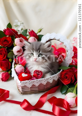 A kitten sitting in a heart shaped basket surrounded by red ribbons, roses, and soft Valentine Day decor 121370561
