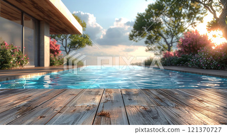 Swimming pool with wooden deck with modern house and beautiful view.Macro.AI Generative. 121370727