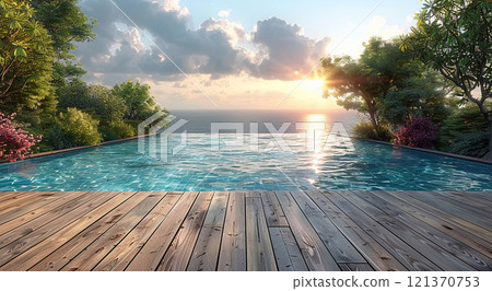 Wooden deck swimming pool in tropical hotel resort house with exotic view.Macro.AI Generative. 121370753