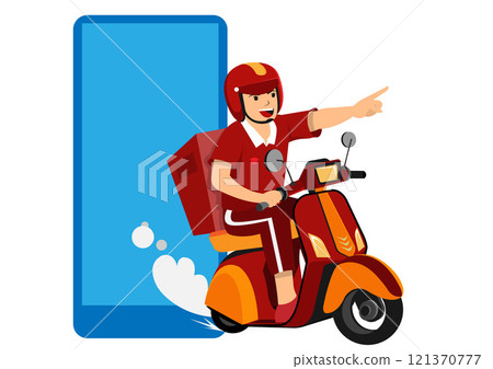 Delivery man rides a red scooter with a parcel coming out of a mobile phone. Vector illustration Delivery man rides a red scooter with a parcel coming out of a mobile phone. Vector illustration 121370777