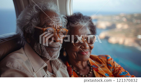 Happy senior afro american couple in airplane traveling.Macro.AI Generative. 121370832