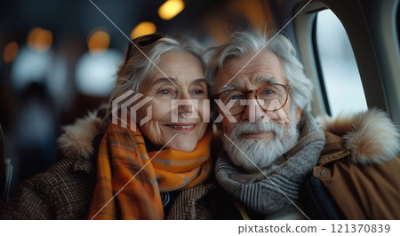 Happy senior couple in airplane traveling and exploring the world after retirmenet.AI Generative. 121370839