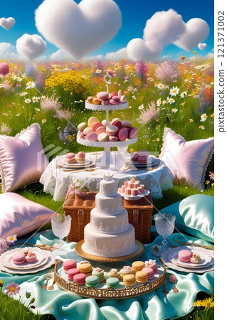 A dreamy picnic scene in a blooming meadow with heart-shaped clouds and a table set with romantic treats 121371002