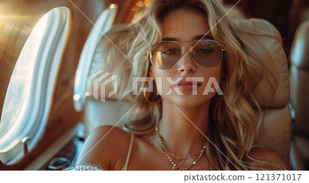 Beautiful young woman traveling in business first class in airplane.Macro.AI Generative. 121371017
