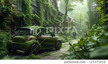 Old useless not working car in large green city with grass and plants..Macro.AI Generative. Old useless not working car in large green city with grass and plants..Macro.AI Generative. 121371018