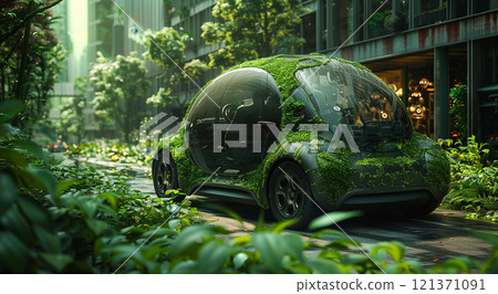 Futuristic electric eco car in large green city with plants and grass.Concept.AI Generative. Futuristic electric eco car in large green city with plants and grass.Concept.AI Generative. 121371091