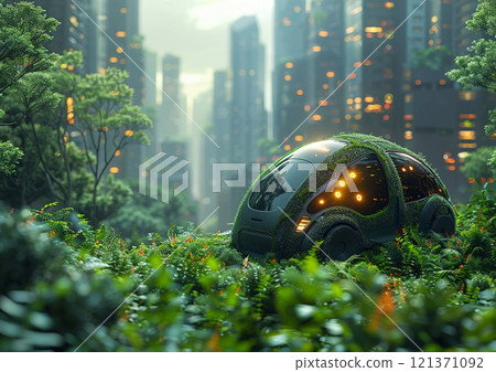 Futuristic electric eco car in large green city with plants and grass.Concept.AI Generative. Futuristic electric eco car in large green city with plants and grass.Concept.AI Generative. 121371092