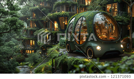 Futuristic electric eco car in large green city with plants and grass.Concept.AI Generative. Futuristic electric eco car in large green city with plants and grass.Concept.AI Generative. 121371093