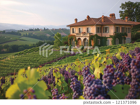 Ripe grapes with leaves in large vineyard fields with house view on summer day.Macro.AI Generative. 121371096
