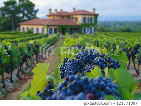 Ripe grapes with leaves in large vineyard fields with house view on summer day.Macro.AI Generative. 121371097