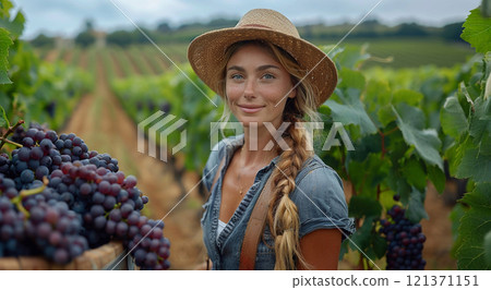 Woman harvesting grapes in large fields with house and landscape view on summer day.AI Generative. 121371151