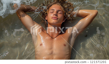 Young handsome man relaxing in foamy sea water on sunny summer day on vacation.Macro.AI Generative. Young handsome man relaxing in foamy sea water on sunny summer day on vacation.Macro.AI Generative. 121371201