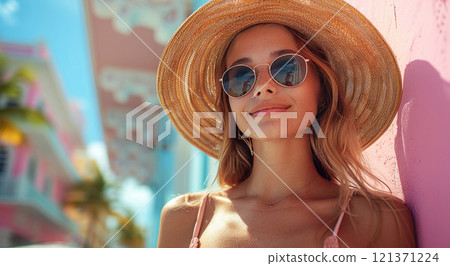 Happy young beautiful woman with summer hat and sunglasses.Macro.AI Generative. 121371224