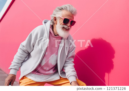 "The Pink Perspective" - A vibrant composition that highlights the joyful defiance of age stereotypes, featuring a senior man against a playful pink backdrop 121371226