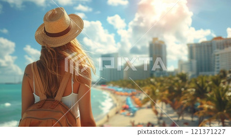 Rear view of young woman with backpack looking on summer city and beach.Macro.AI Generative. 121371227