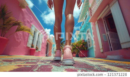 Rear view of young skinny beautiful legs walking through colorful city street.Macro.AI Generative. 121371228