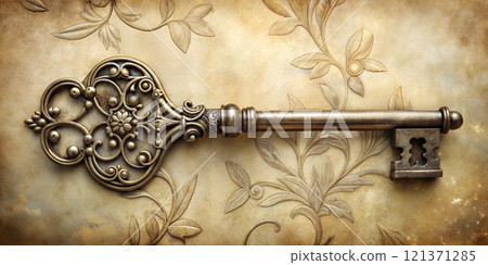Elegant Vintage Key on Wrought Iron Background with Detailed Engravings 121371285