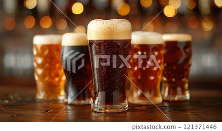 Brewery table with glasses of various fresh craft beer on wooden table.Marco.AI Generative. 121371446