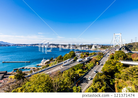 Kanmon Bridge from Mekari No. 2 Observation Deck [Kitakyushu City, Fukuoka Prefecture] 121371474