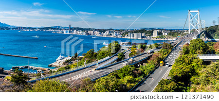 Panorama of the Kanmon Bridge from Mekari No. 2 Observation Deck [Kitakyushu City, Fukuoka Prefecture] 121371490