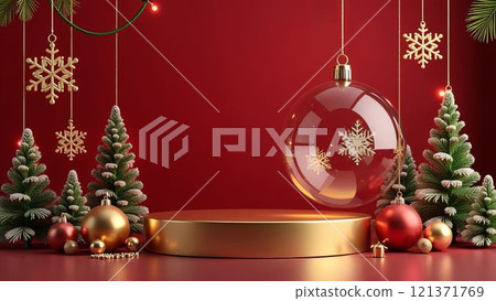 Christmas balls, fir trees, snowflakes, golden podium on red background Concept of xmas sales, product presentation 121371769